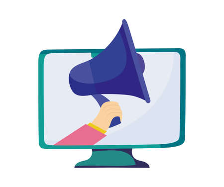 computer with hand holding a megaphone over white background, vector illustrationのイラスト素材