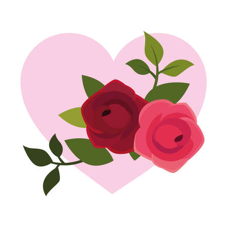 rose flowers with leaves in front of heart design, natural floral nature plant ornament garden decoration and botany theme Vector illustrationのイラスト素材