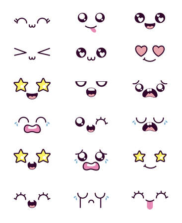 cartoon face icon set design, Kawaii expression cute character funny and emoticon theme Vector illustrationのイラスト素材