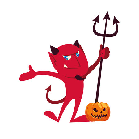 Halloween devil cartoon with pumpkin design, Holiday and scary theme Vector illustration