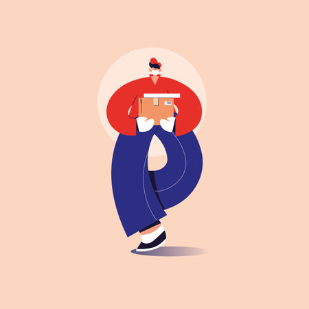 delivery man with face mask carries cardboard box vector illustration design