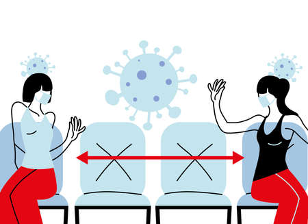 Social distancing between women with masks on chiars design of Covid 19 virus theme Vector illustrationのイラスト素材
