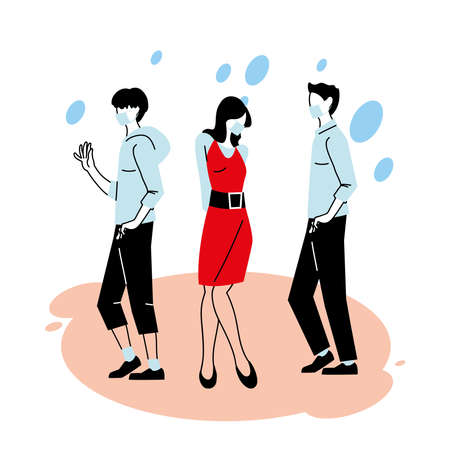 Social distancing between woman and men with masks design of Covid 19 virus theme Vector illustrationのイラスト素材