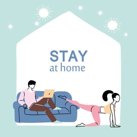 young couple doing activities at home vector illustration desingのイラスト素材