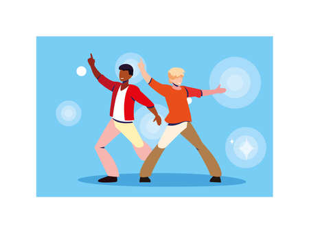 scene of men in dance pose, party, dance club vector illustration designのイラスト素材