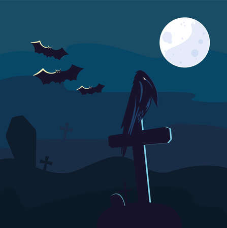 Halloween raven cartoon on grave at night design, Holiday and scary theme Vector illustrationのイラスト素材