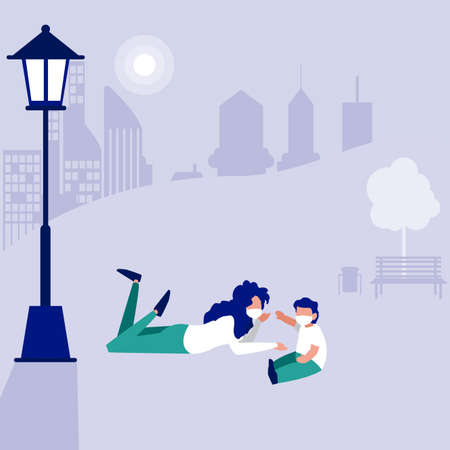 Mother and son with masks at park design of Covid 19 virus theme Vector illustrationのイラスト素材