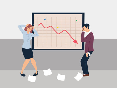 business people at presentation of decreasing chart, financial crisis vector illustration design