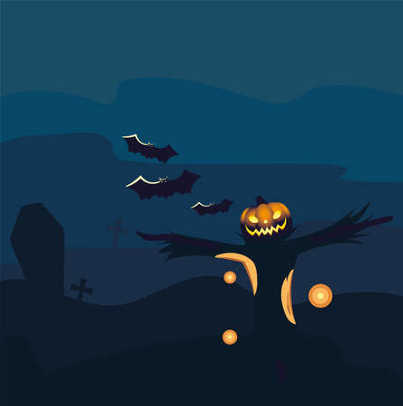 Halloween pumpkin scarecrow cartoon at cemetery design, Holiday and scary theme Vector illustrationのイラスト素材