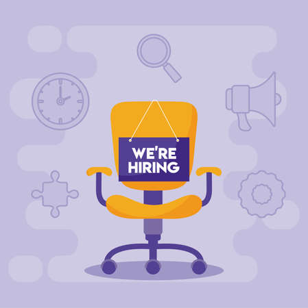 We are hiring message with office chair design, job work employee business employment career recruitment wanted interview employer and recruit theme Vector illustrationのイラスト素材