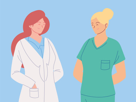 portrait of healthcare workers, female doctor and nurse vector illustration designのイラスト素材