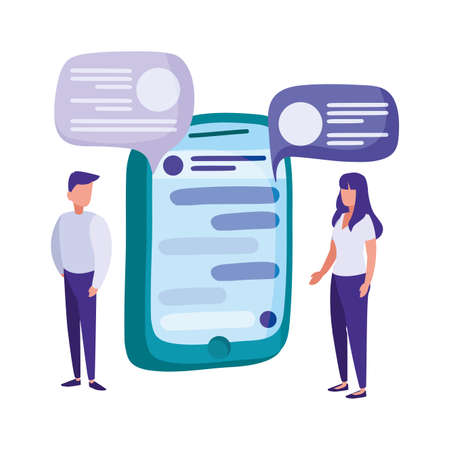 woman and man with speech bubbles and smartphone over white background, vector illustrationのイラスト素材