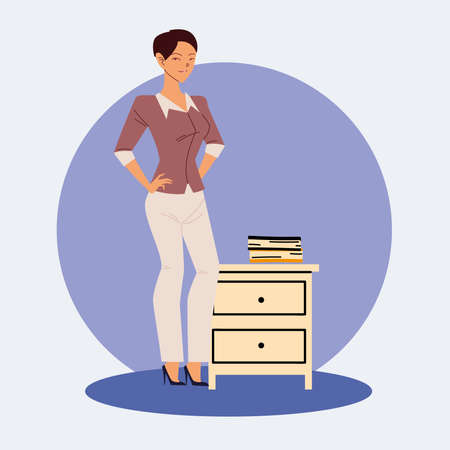 businesswoman cartoon with files on furniture design, business fashion and management theme Vector illustrationのイラスト素材