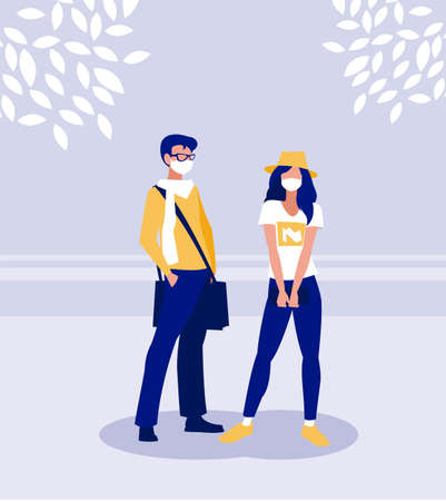 Woman and man with mask outside design of Covid 19 virus theme Vector illustrationのイラスト素材