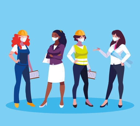 Architect businesswoman engineer and builder woman with masks and helmets design, Women workers theme Vector illustrationのイラスト素材