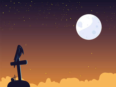 Halloween raven cartoon on grave at night design, Holiday and scary theme Vector illustrationのイラスト素材