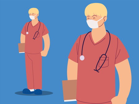 man nurse in uniform, health worker in different poses vector illustration design