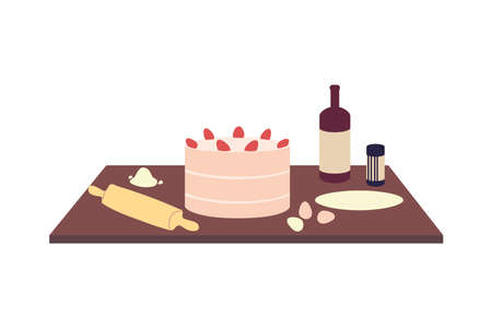 dark wood kitchen countertops with cake and bottle of wine vector illustration designのイラスト素材