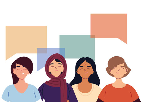 latin muslim indian and european women cartoons with bubbles design, diversity multicultural friends...