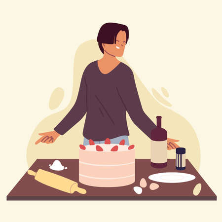 young man cook preparing a cake vector illustration designのイラスト素材