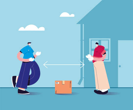 delivery man in the face mask leaves the box at the safe distance vector illustration designのイラスト素材