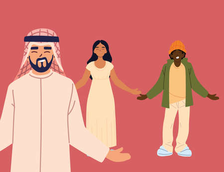 arabish man in front of indian woman and black man cartoons design, diversity people multicultural friends and multiethnic theme Vector illustrationのイラスト素材