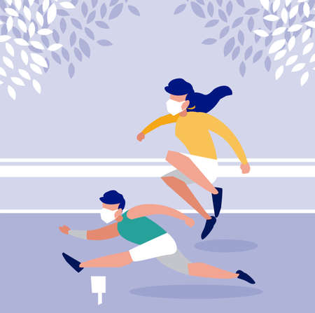 Woman and man running with mask at park design of Covid 19 virus theme Vector illustrationのイラスト素材