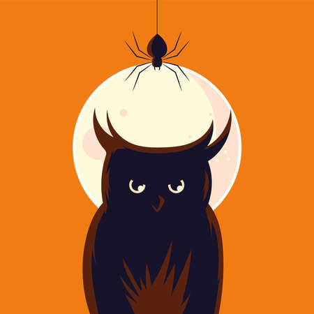 Halloween owl cartoon with spider in front of moon design, Holiday and scary theme Vector illustrationのイラスト素材