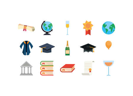 Graduation icon set design, University education school college academic ceremony degree and student theme Vector illustrationのイラスト素材