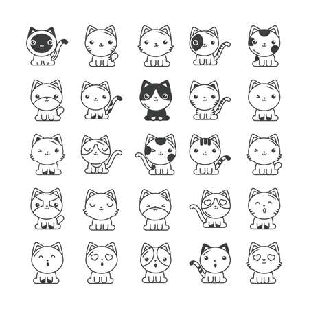 set of cute cats on white background, line style icon vector illustration designのイラスト素材