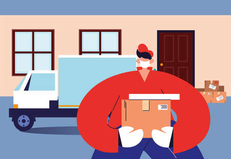 delivery man with face mask carries the cardboard boxes vector illustration designのイラスト素材