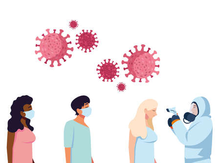 Doctors with protective suits and thermometer gun checking people temperature design of Medical care and covid 19 virus theme Vector illustrationのイラスト素材