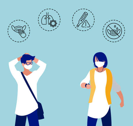 men with icons of coronavirus protection and symptoms vector illustration designのイラスト素材