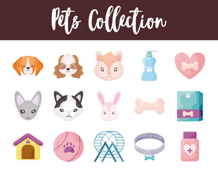 set of icons with domestic animals and accessories vector illustration designのイラスト素材