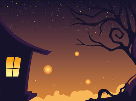 halloween night background with haunted house vector illustration designのイラスト素材