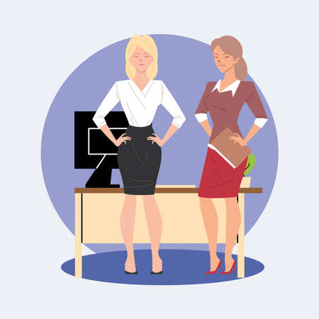 businesswomen cartoons with computer on desk design, business management and corporate theme Vector illustrationのイラスト素材