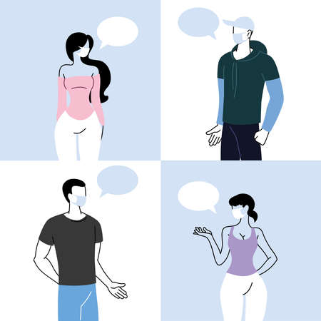 maset of cards with people talking with distance to prevent infection of coronavirus or covid 19 vector illustration designのイラスト素材