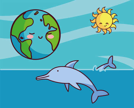 card of planet earth with dolphins vector illustration designのイラスト素材