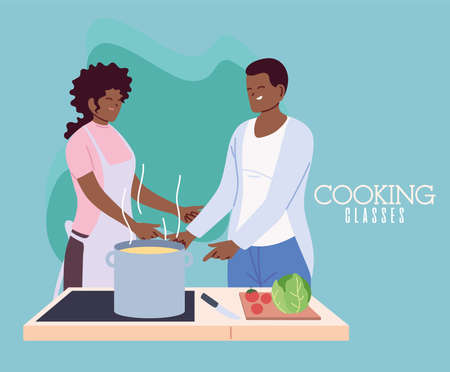 young couple cooking with apron, a pot, and kitchen utensils vector illustration designのイラスト素材