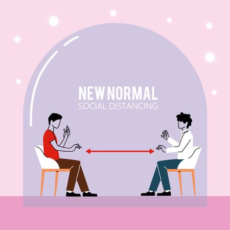 Social distancing between men on chairs design of New normal and Covid 19 virus theme Vector illustrationのイラスト素材