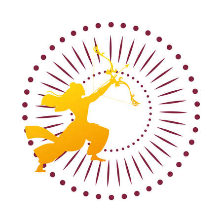 lord ram with bow and arrow gold silhouette in front of striped circle design, Happy dussehra festival and indian theme Vector illustrationのイラスト素材