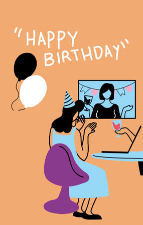 woman with party hat waving girl on screen design, Happy birthday and video chat theme Vector illustrationのイラスト素材