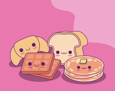bread waffle and pancake design, Kawaii food cute character emoticon theme Vector illustration