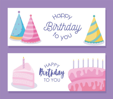 Happy birthday card design with party hats and birhtday cakes over purple background, vector...