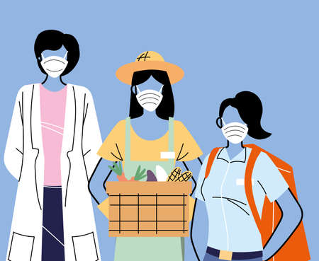thank you essential workers, various occupations people wearing face masks vector illustration designのイラスト素材