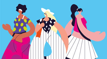 women standing in different poses with fashionable clothes vector illustration designのイラスト素材