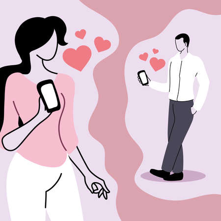 young couple with smartphones chatting, virtual relationships and online datingのイラスト素材
