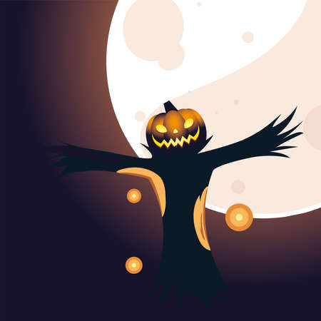 Halloween pumpkin scarecrow cartoon in front of moon design, Holiday and scary theme Vector illustrationのイラスト素材