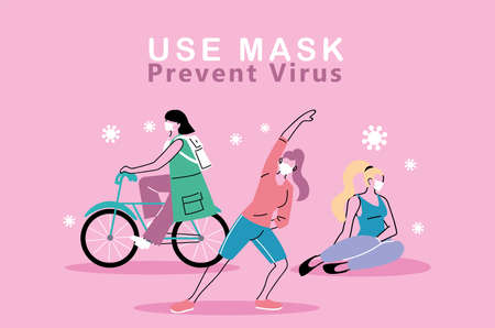 people with masks outdoors doing sports vector illustration desingのイラスト素材