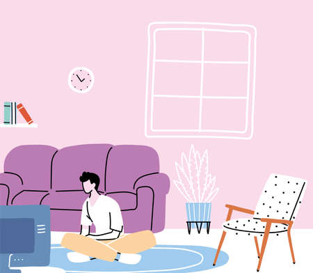 man watching TV, spending time on isolation and quarantine vector illustration designのイラスト素材